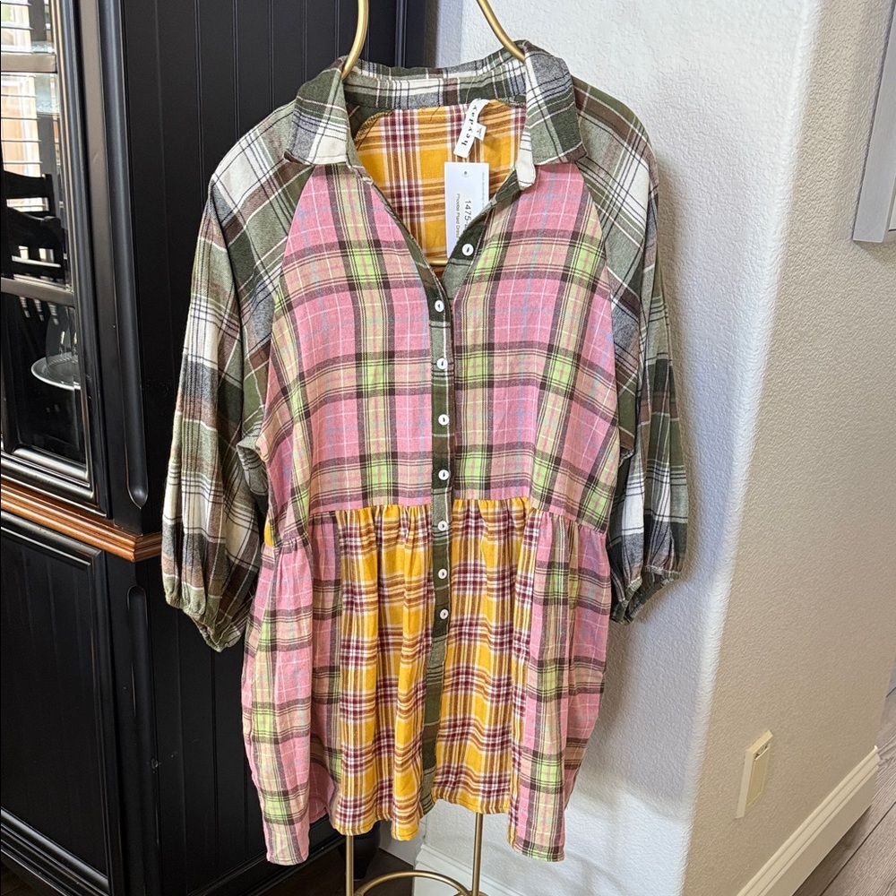 Plaid Button-Front dress in Pink, Green & Yellow size L